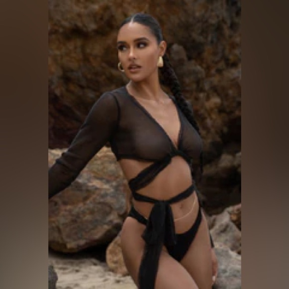 Black Palm City Netted Wrap Top